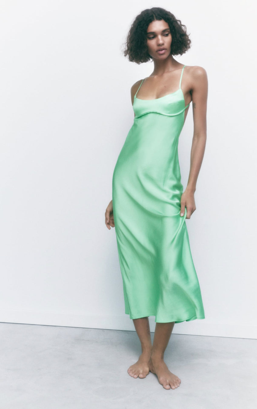 Satin Slip Midi Dress in Green - Zara