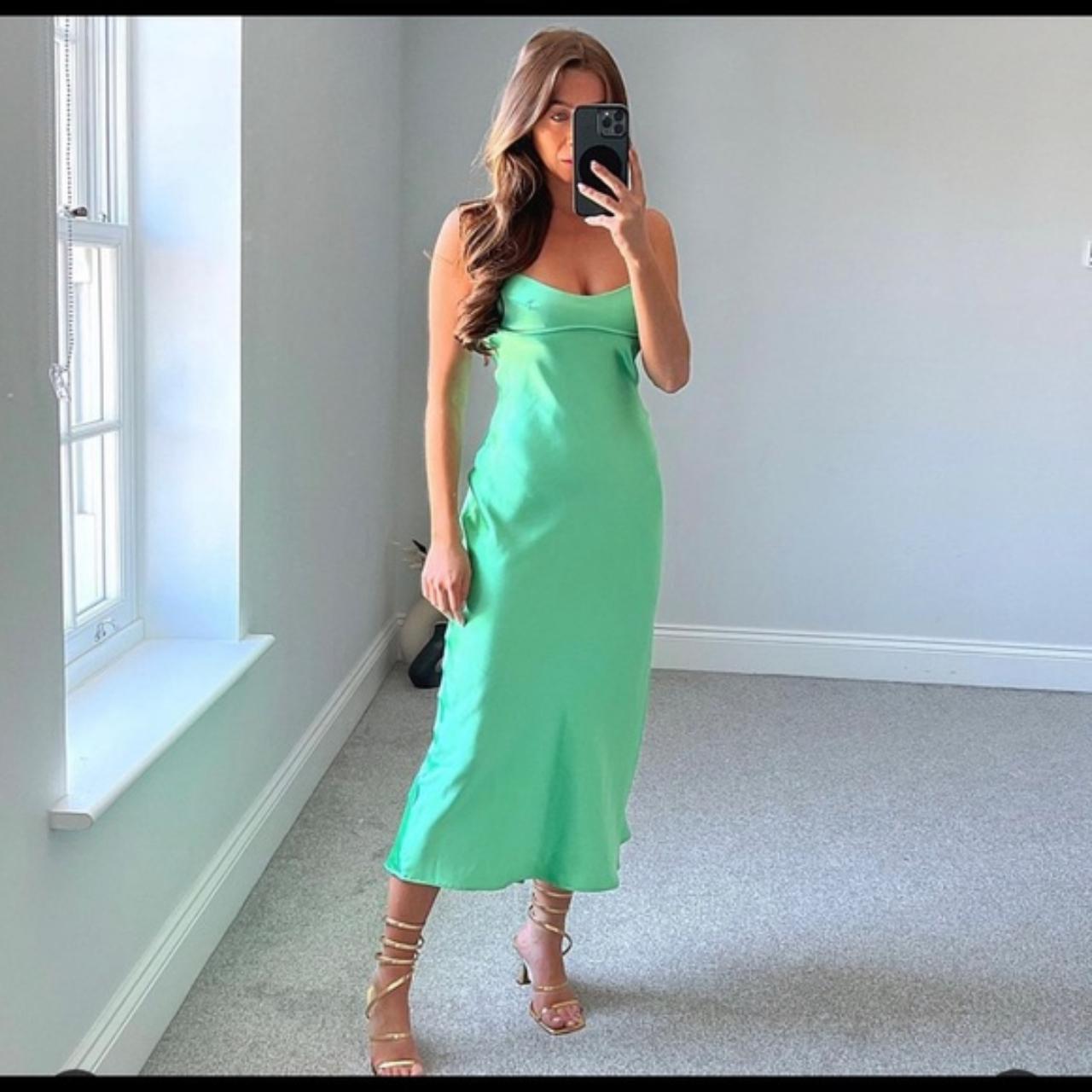 Satin Slip Midi Dress in Green - Zara