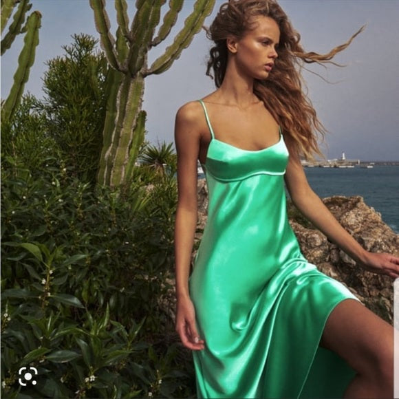 Satin Slip Midi Dress in Green - Zara