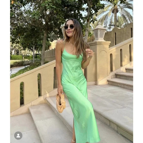 Satin Slip Midi Dress in Green - Zara