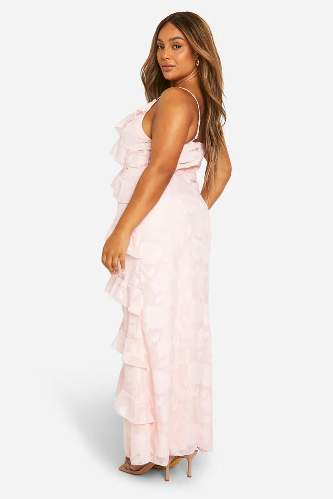 Textured Ruffle Asymmetric Maxi Dress