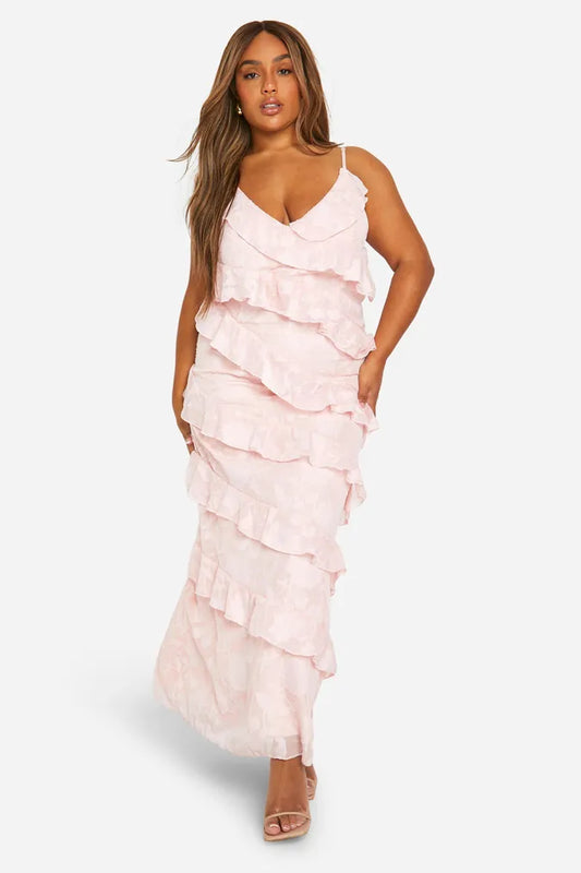 Textured Ruffle Asymmetric Maxi Dress