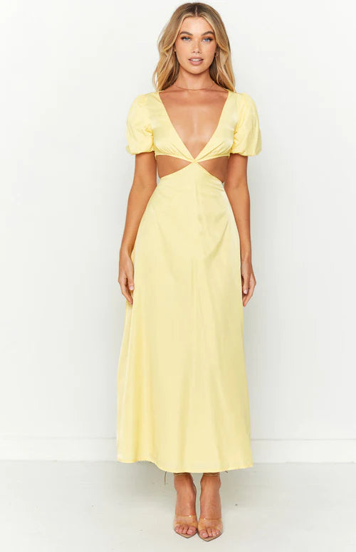 Maisie Yellow Puff Sleeve Midi - Beginning Boutique