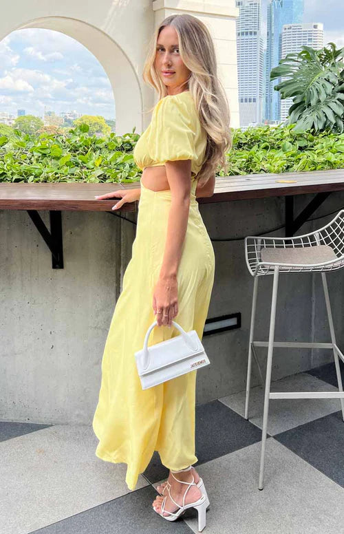 Maisie Yellow Puff Sleeve Midi - Beginning Boutique