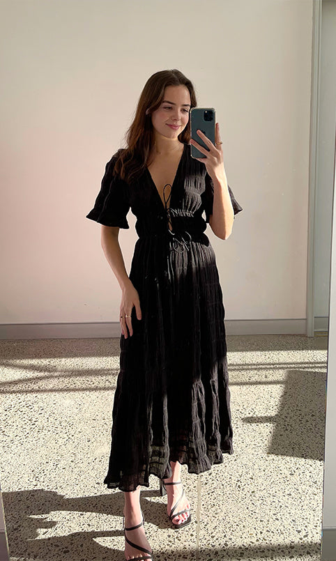Mirella V Neck Midi in Black - Ruby